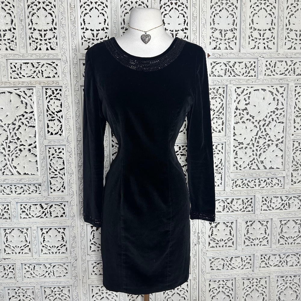 Laura Ashley Black Velvet Beaded‎ Neckline Whimsygoth Cocktail Party Dress Sz M